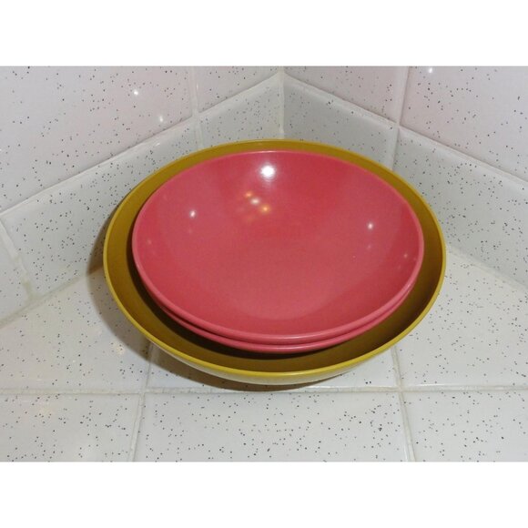 Vintage Pink & Mustard Yellow Sun Valley Melmac Snack Bowl Set of 3 mcm serving - Picture 2 of 10